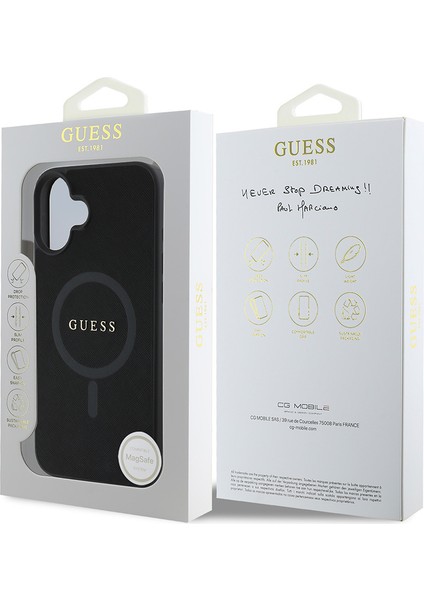 Apple iPhone 16 Plus Kılıf Guess Orjinal Lisanslı Magsafe Özellikli Yazı Logolu Saffiano Classic Siyah