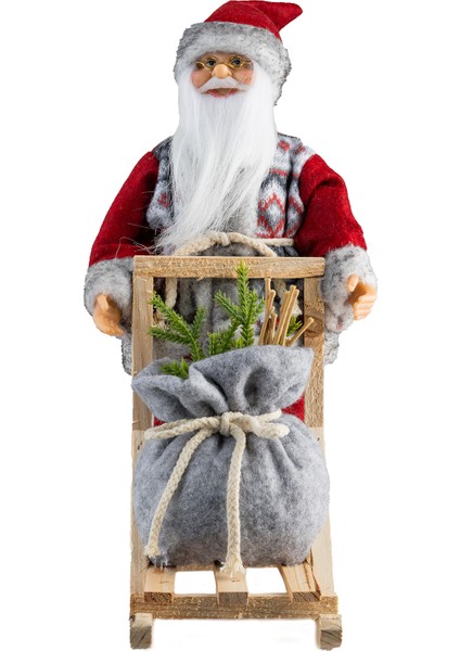 Kızaklı Ayakta Noel Baba Kırmızı-Gri 32 cm