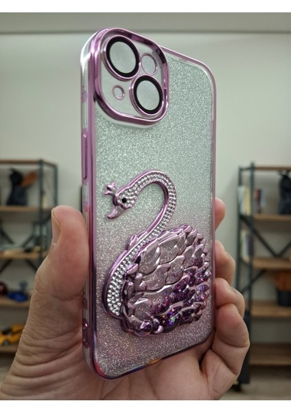 iPhone 15 Uyumlu 3D Kuğulu Taşlı Tam Kamera Korumalı Sulu Simli Lüks Kılıf