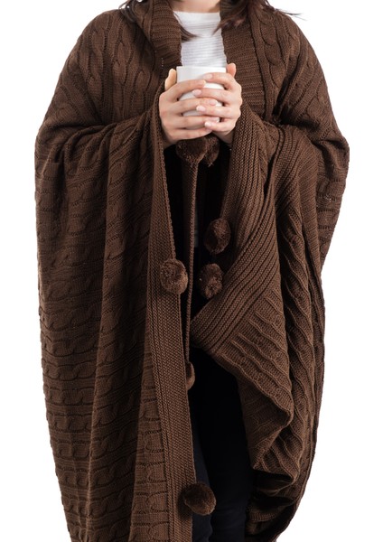 Ponponlu Triko Örme Tv Battaniyesi – Koltuk & Omuz Şalı & Diz Battaniyesi – 130X170CM - Kahverengi fiyatları