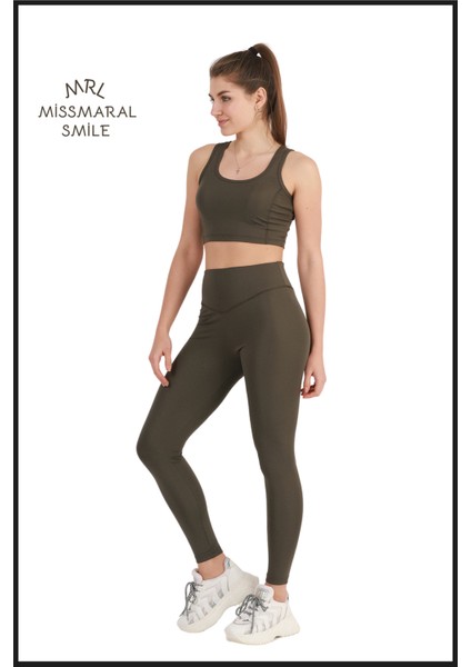 Kadın Haki Rengi Tayt Yüksek Bel Toparlayıcı Tam Boy Modern ve Dinamik Stil HB11021