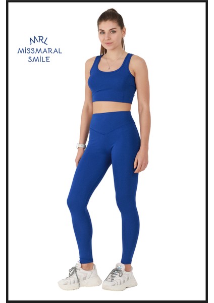 Kadın Saks Mavi Tayt Yüksek Bel Toparlayıcı Tam Boy Modern ve Dinamik Stil HB11021