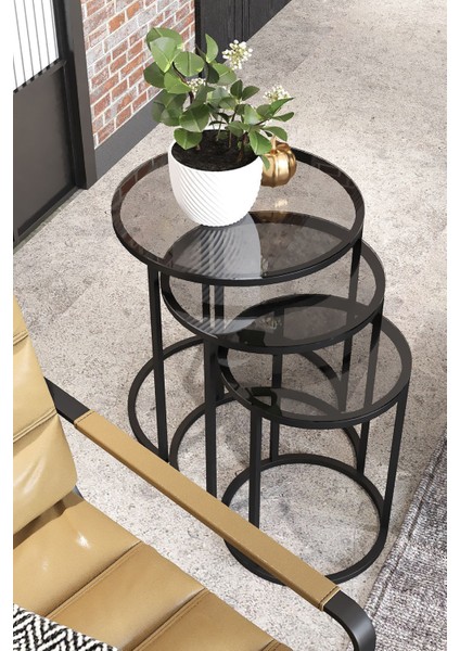 Milas C Zigon Sehpa - Füme Cam ve Metal Ayaklı, Modern Tasarım, 47-38,5-31 cm, Salon ve Oturma Odası için Ergonomik ve Fonksiyonel Zigon Sehpa fiyatları