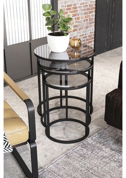 Milas C Zigon Sehpa - Füme Cam ve Metal Ayaklı, Modern Tasarım, 47-38,5-31 cm, Salon ve Oturma Odası için Ergonomik ve Fonksiyonel Zigon Sehpa modelleri