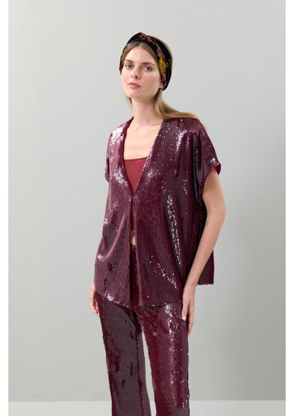 Kısa Kol Payetli Ceket Vişne K2516043_115