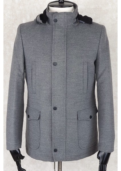 Jancarlucci Erkek Dizüstü Slimfit Çıkarılabilir Kapüşonlu Torba Cep Fermuarlı Astarlı Kaşe Kaban