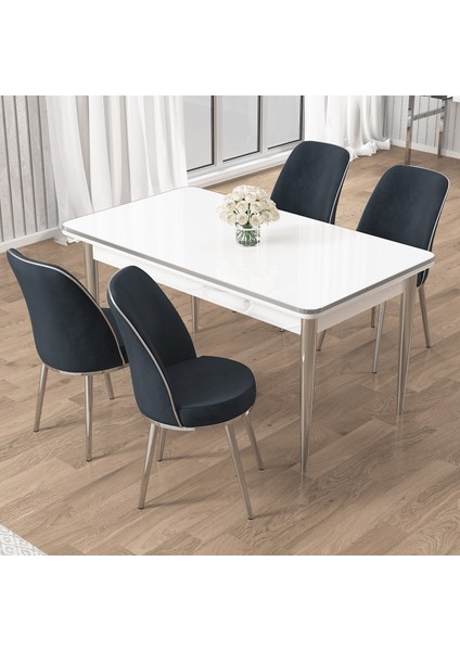 Rewa Serisi 70 x 110 Sabit Beyaz Krom Detay Masa Takımı ve 4 Sandalye
