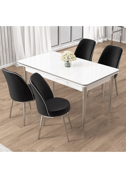 Rewa Serisi 70 x 110 Sabit Beyaz Krom Detay Masa Takımı ve 4 Sandalye