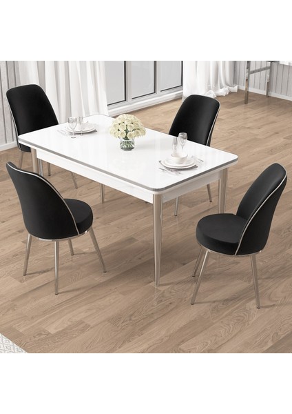 Rewa Serisi 70 x 110 Sabit Beyaz Krom Detay Masa Takımı ve 4 Sandalye