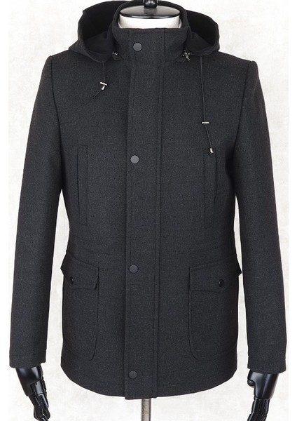 Jancarlucci Erkek Dizüstü Slimfit Çıkarılabilir Kapüşonlu Torba Cep Fermuarlı Astarlı Kaşe Kaban