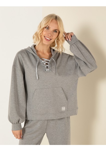 Kadın Gri Melanj Oversize Kapüşonlu Sweatshirt 50253518-VR086 fiyatları