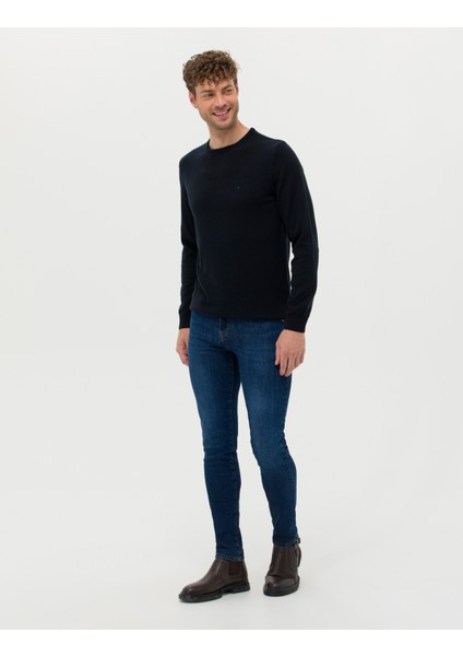 Erkek Lacivert Slim Fit Bisiklet Yaka Basic Triko Kazak 50270179-VR033