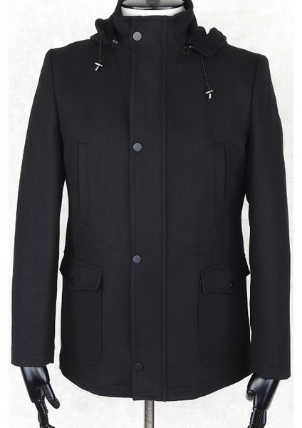 Jancarlucci Erkek Dizüstü Slimfit Çıkarılabilir Kapüşonlu Torba Cep Fermuarlı Astarlı Kaşe Kaban