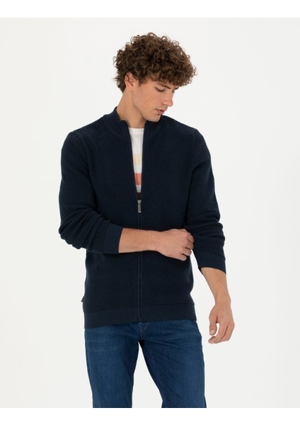 Erkek Lacivert Melanj Slim Fit Fermuarlı Triko Hırka 50278100-VR120