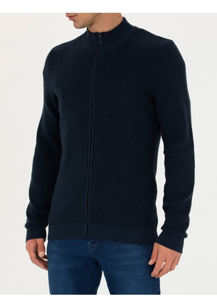 Erkek Lacivert Melanj Slim Fit Fermuarlı Triko Hırka 50278100-VR120