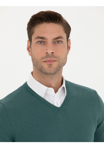 Erkek Yeşil Slim Fit V Yaka Basic Triko Kazak 50276156-VR054 fiyatları