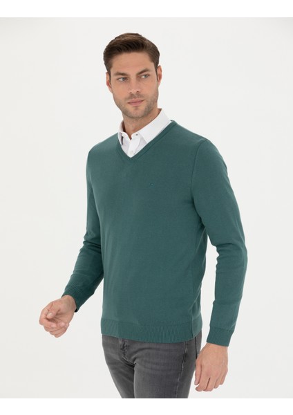 Erkek Yeşil Slim Fit V Yaka Basic Triko Kazak 50276156-VR054 modelleri