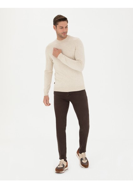 Erkek Krem Melanj Slim Fit Yarım Balıkçı Yaka Basic Triko Kazak 50276158-VR159 fırsatları