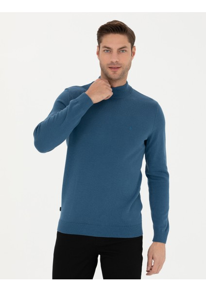 Erkek Kobalt Slim Fit Yarım Balıkçı Yaka Basic Triko Kazak 50276161-VR077