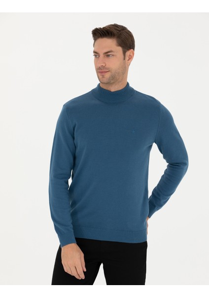 Erkek Kobalt Slim Fit Yarım Balıkçı Yaka Basic Triko Kazak 50276161-VR077 modelleri