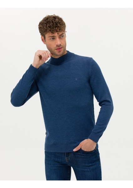Erkek İndigo Melanj Slim Fit Yarım Balıkçı Yaka Basic Triko Kazak 50276161-VR155
