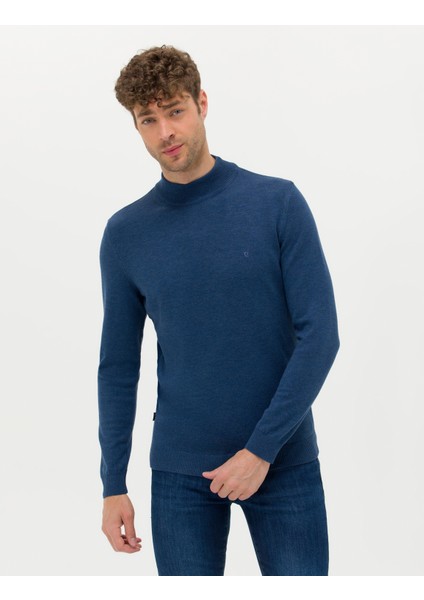 Erkek İndigo Melanj Slim Fit Yarım Balıkçı Yaka Basic Triko Kazak 50276161-VR155