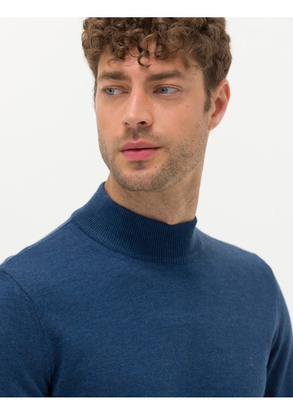 Erkek İndigo Melanj Slim Fit Yarım Balıkçı Yaka Basic Triko Kazak 50276161-VR155