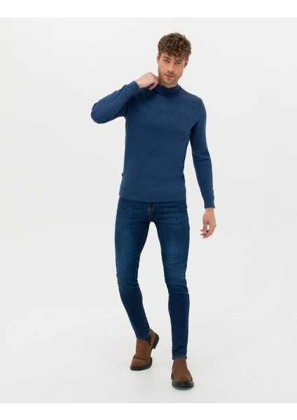 Erkek İndigo Melanj Slim Fit Yarım Balıkçı Yaka Basic Triko Kazak 50276161-VR155