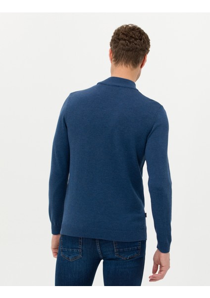Erkek İndigo Melanj Slim Fit Yarım Balıkçı Yaka Basic Triko Kazak 50276161-VR155