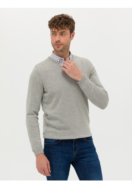 Erkek Açık Gri Melanj Slim Fit V Yaka Basic Triko Kazak 50276156-VR091 modelleri