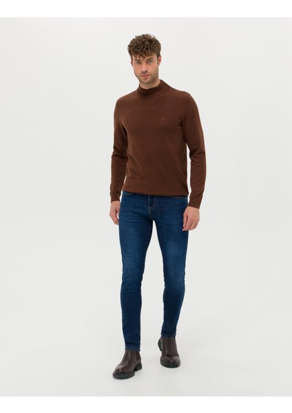Erkek Koyu Kahverengi Slim Fit Yarım Balıkçı Yaka Basic Triko Kazak 50276161-VR084 fırsatları