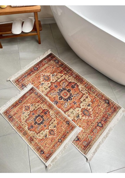 Ethnic Dijital/şönil Kaydırmaz 2'li Banyo Paspas Seti 60 x 100+40 x 60 cm - Çok Renkli