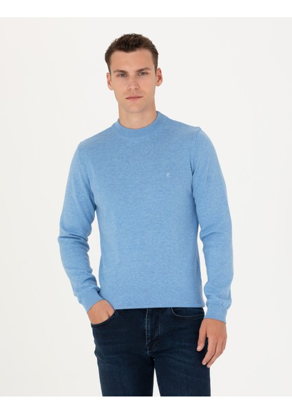 Erkek Mavi Melanj Slim Fit Çeyrek Yaka Basic Triko Kazak 50276158-VR113