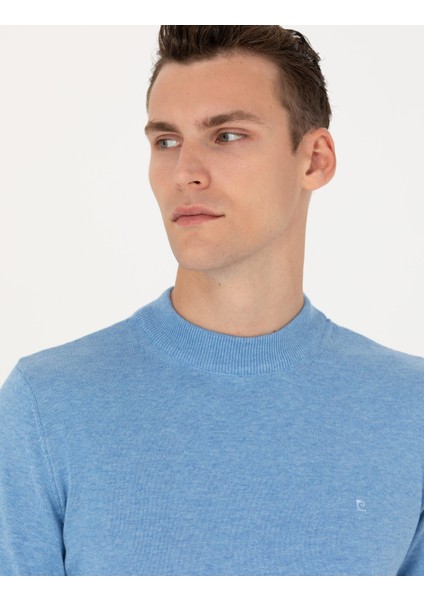 Erkek Mavi Melanj Slim Fit Çeyrek Yaka Basic Triko Kazak 50276158-VR113 fiyatları