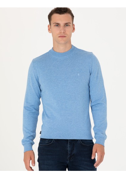 Erkek Mavi Melanj Slim Fit Çeyrek Yaka Basic Triko Kazak 50276158-VR113 modelleri