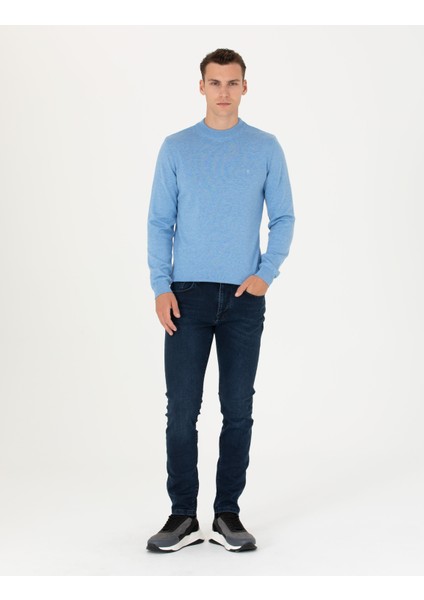 Erkek Mavi Melanj Slim Fit Çeyrek Yaka Basic Triko Kazak 50276158-VR113 fırsatları