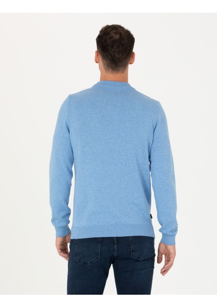 Erkek Mavi Melanj Slim Fit Çeyrek Yaka Basic Triko Kazak 50276158-VR113 indirimleri