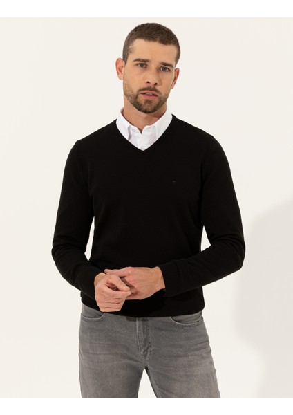 Erkek Siyah Slim Fit V Yaka Basic Triko Kazak 50257206-VR046 modelleri