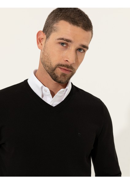 Erkek Siyah Slim Fit V Yaka Basic Triko Kazak 50257206-VR046 indirimleri