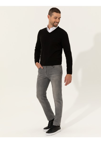 Erkek Siyah Slim Fit V Yaka Basic Triko Kazak 50257206-VR046