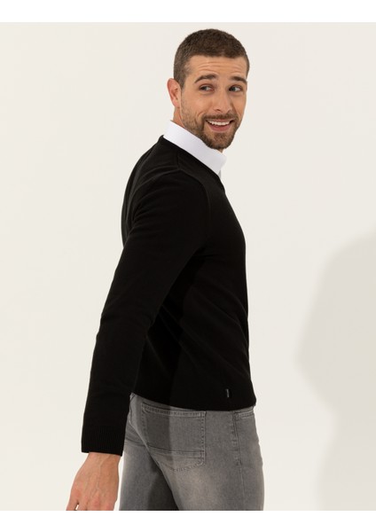 Erkek Siyah Slim Fit V Yaka Basic Triko Kazak 50257206-VR046 fiyatları