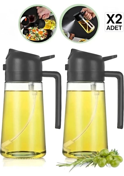 2'li Çift Fonksiyonlu Cam Yağdanlık 450ML Zeytinyağı Sıvıyağ Şişesi Airfryer Sprey Yağlık Sirkelik