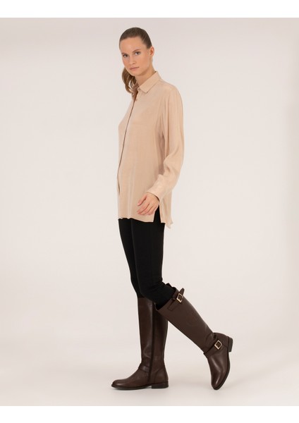 Kadın Bej Comfort Fit Uzun Kollu Gömlek 50254167-VR011