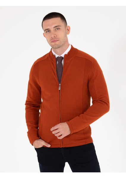 Erkek Kahverengi Slim Fit Fermuarlı Triko Hırka 50263239-VR182