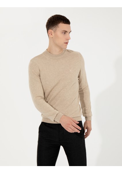 Erkek Taş Melanj Slim Fit Çeyrek Yaka Basic Triko Kazak 50257208-VR225 fırsatları