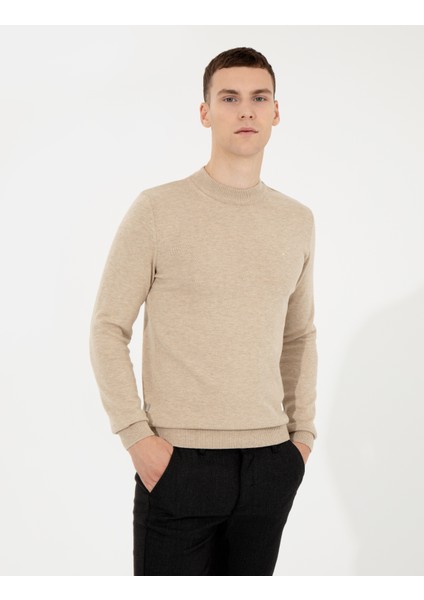 Erkek Taş Melanj Slim Fit Çeyrek Yaka Basic Triko Kazak 50257208-VR225