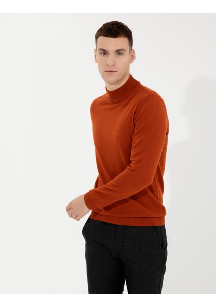 Erkek Bakır Slim Fit Yarım Balıkçı Yaka Basic Triko Kazak 50256965-VR182