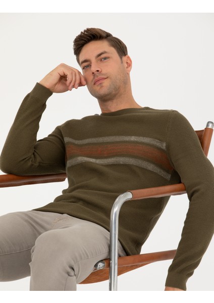 Erkek Koyu Haki Slim Fit Bisiklet Yaka Triko Kazak 50278095-VR111