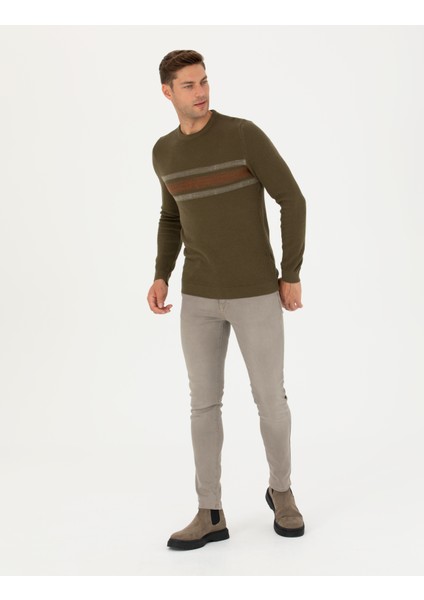 Erkek Koyu Haki Slim Fit Bisiklet Yaka Triko Kazak 50278095-VR111 indirimleri