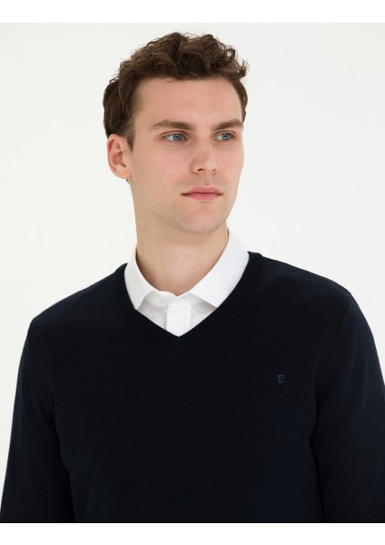 Erkek Lacivert Slim Fit V Yaka Basic Triko Kazak 50276156-VR033 fiyatları